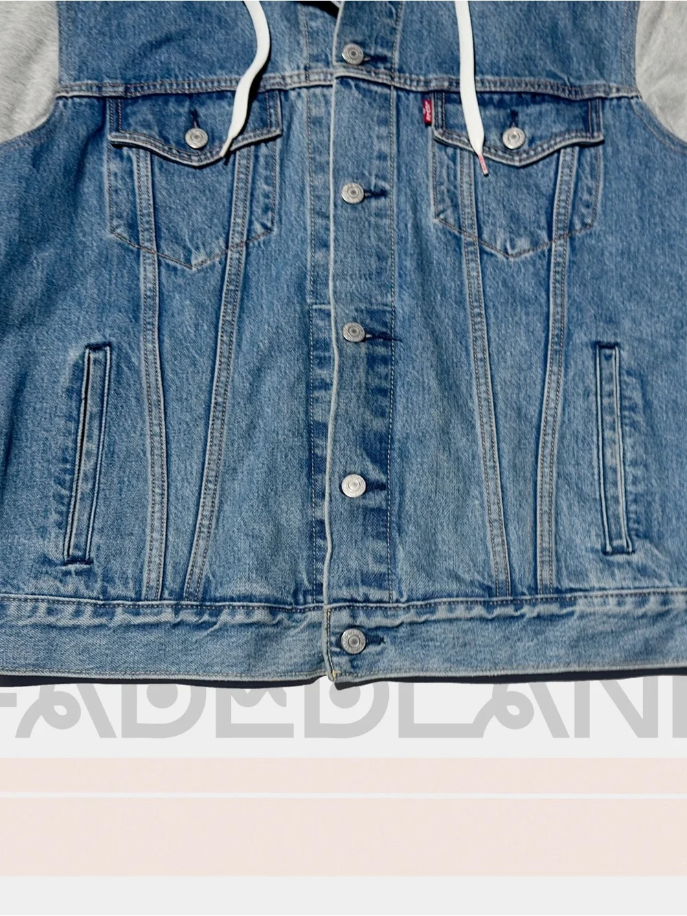 Levi's Blue Denim Trucker Jacket with Grey Hoodie Sleeves